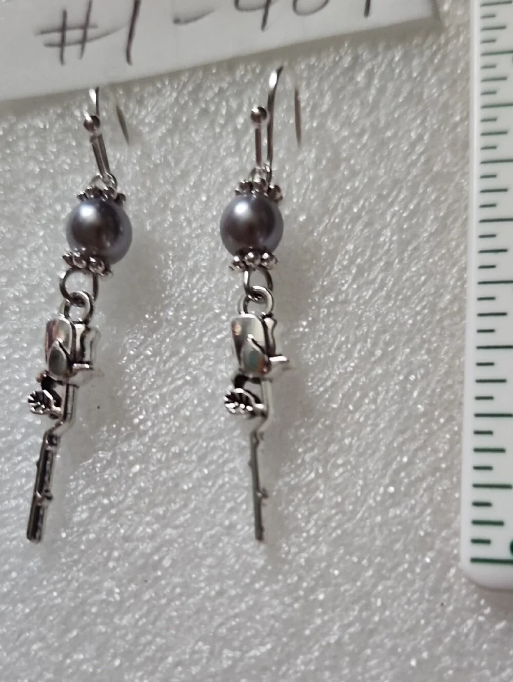 Hand Crafted Silver Rose Dangle Earrings with Gray Pearls